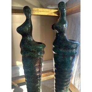2 candlestick holders woman lady shaped rare pair ceramic statues art signed B.C